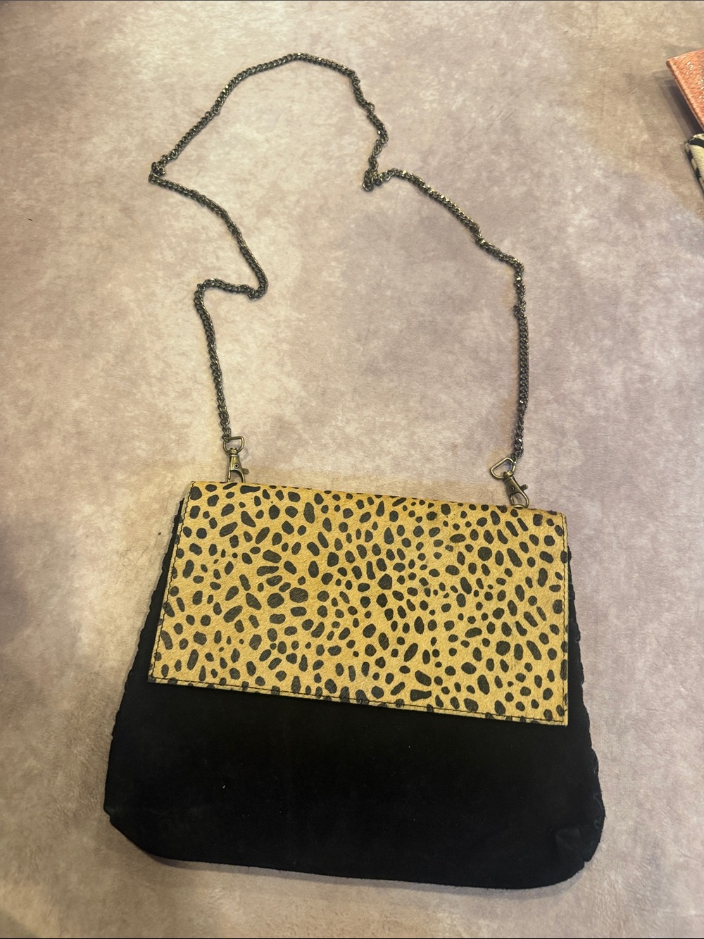 Leopard Print Flap Chain Crossbody Bag in Black and Tan